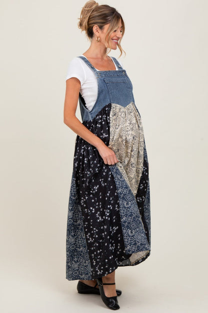 Blue Floral Colorblock Print Denim Contrast Maternity Dress