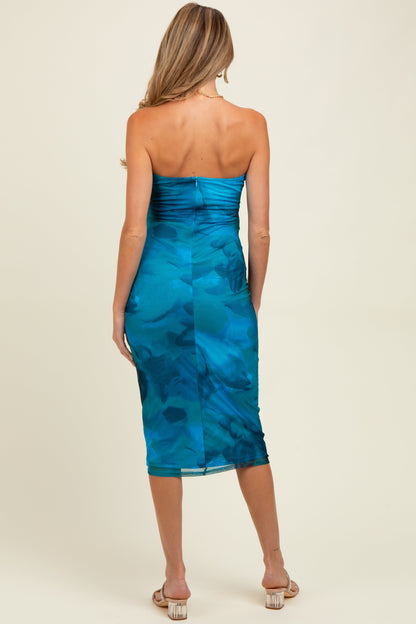 Turquoise Mesh Abstract Print Strapless Maternity Midi Dress