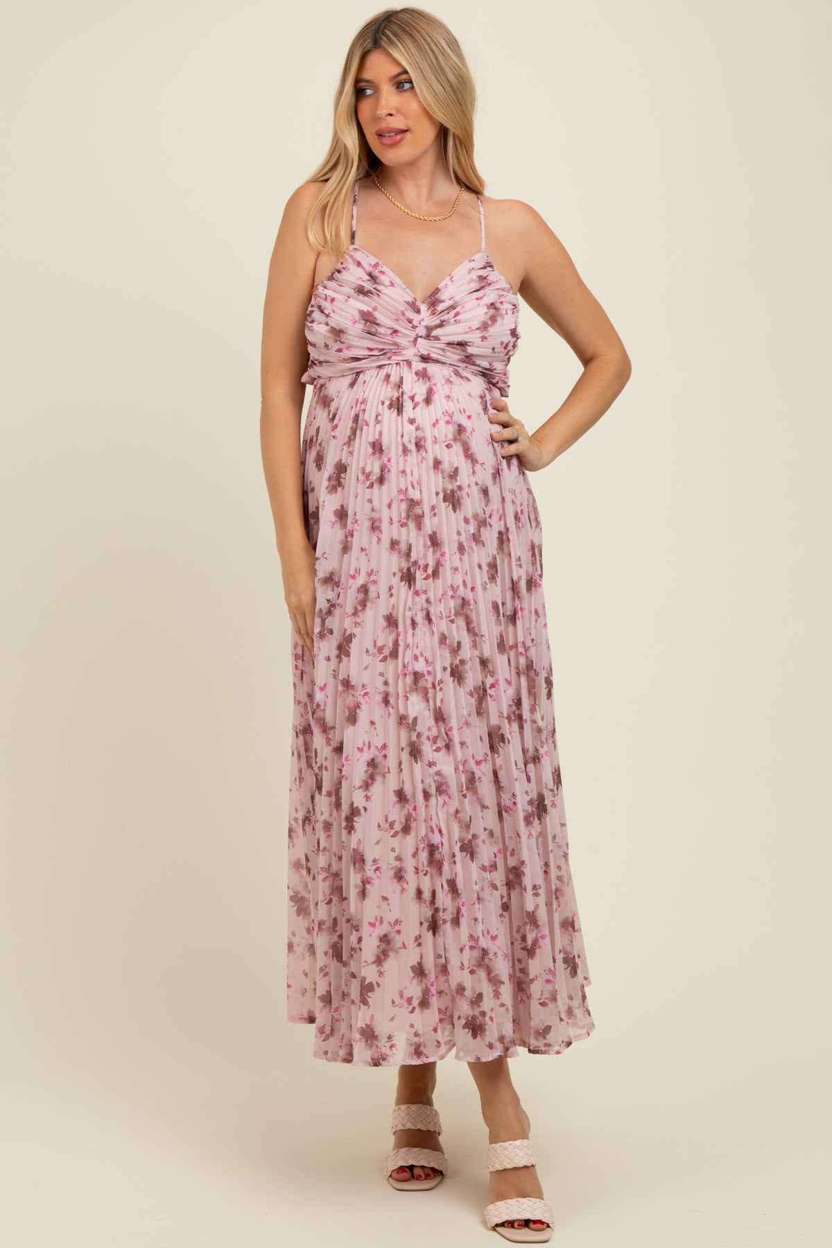 Light Pink Floral Pleated Chiffon Cutout Tie Back Maternity Maxi Dress