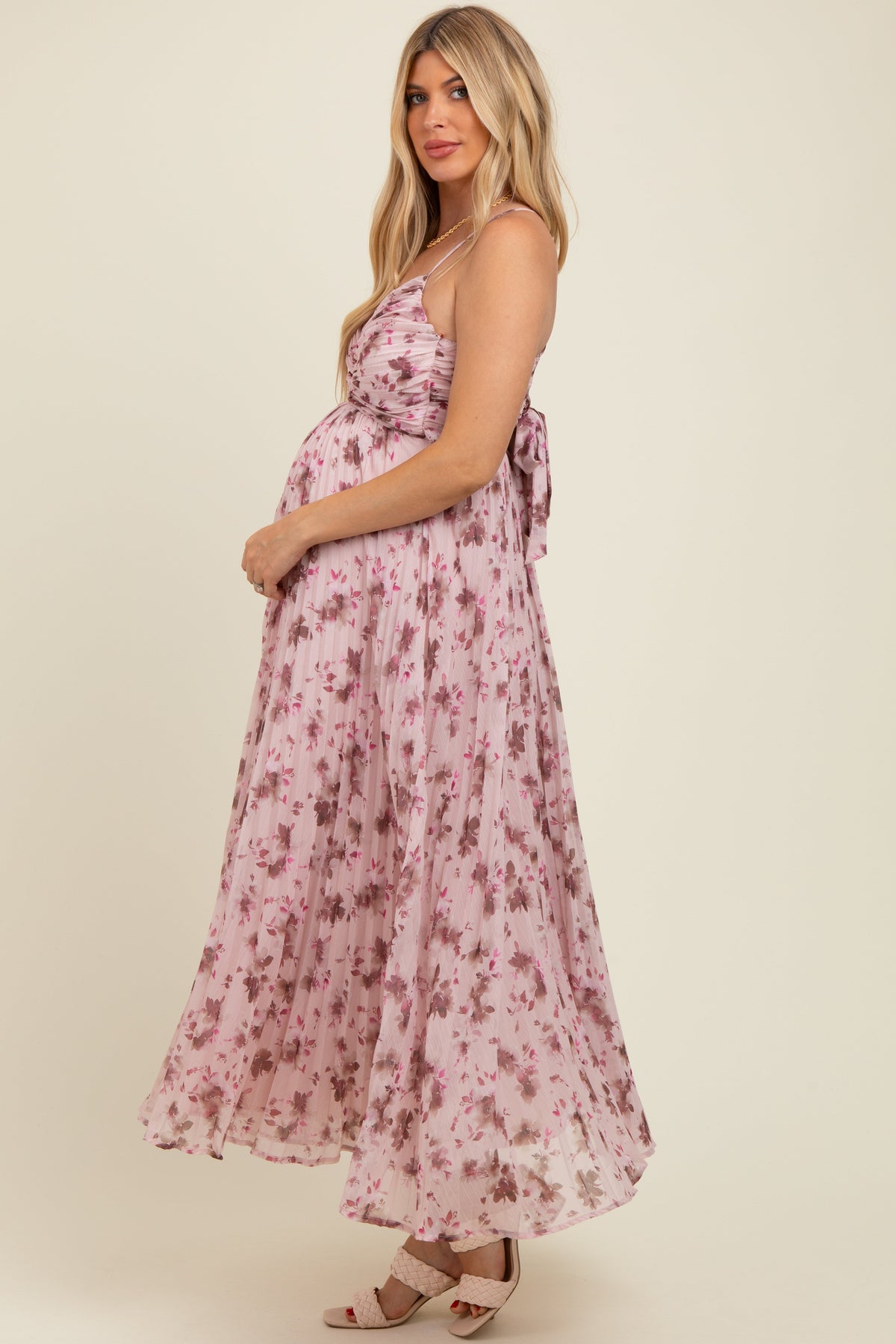 Light Pink Floral Pleated Chiffon Cutout Tie Back Maternity Maxi Dress