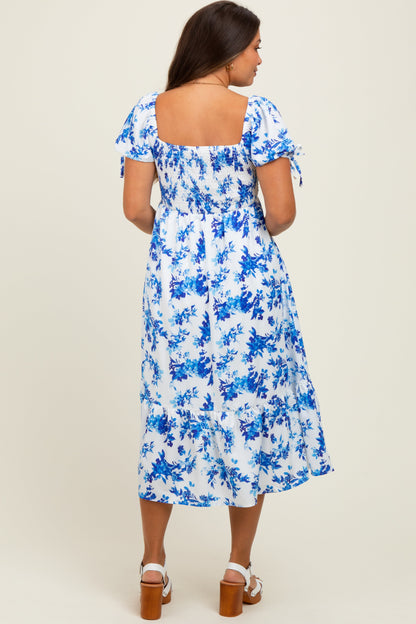 Blue Floral Puff Sleeve Tie Maternity Midi Dress