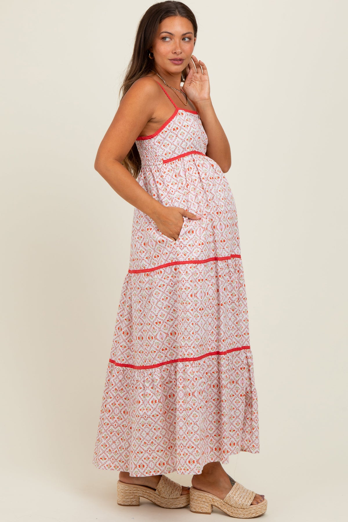 Coral Cotton Floral Maternity Maxi Dress