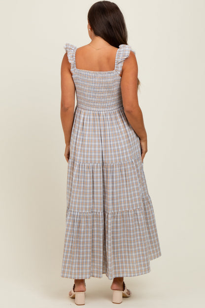 Light Blue Cotton Plaid Maternity Maxi Dress