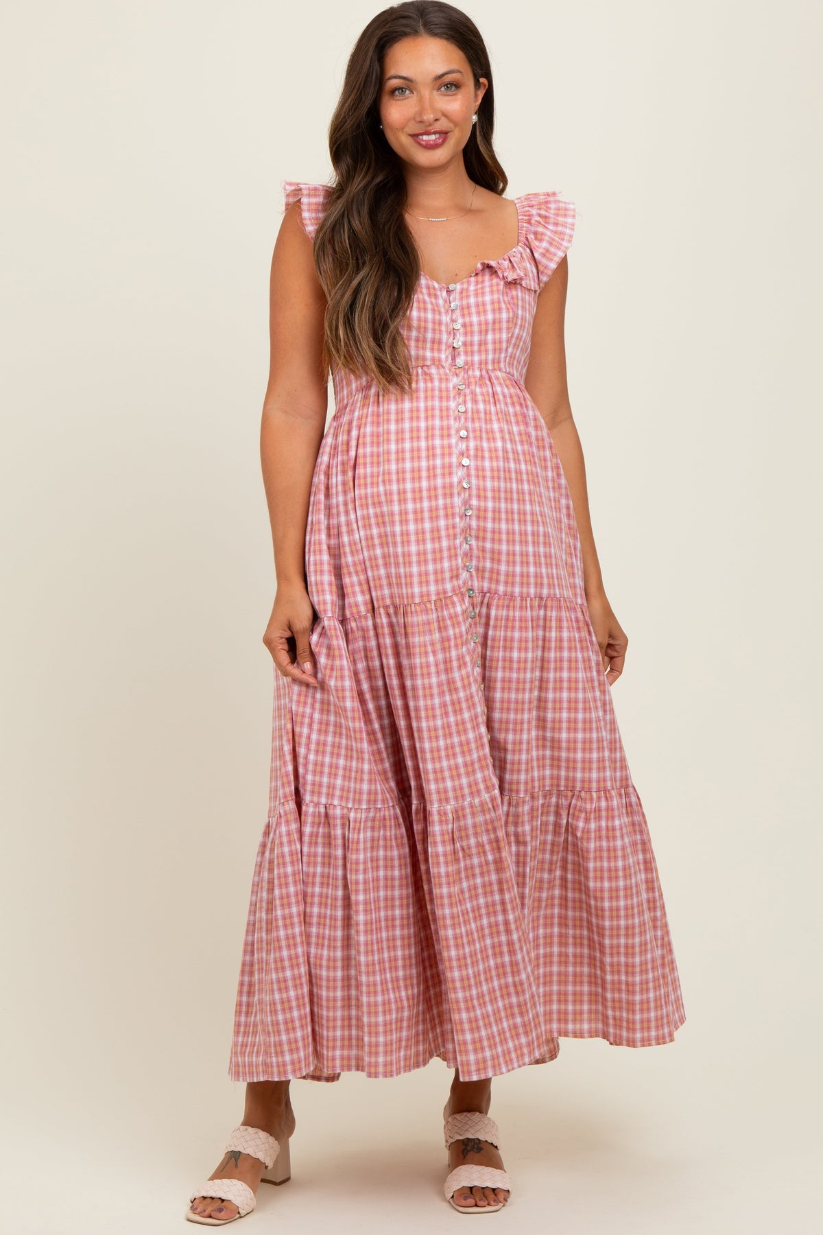 Mauve Cotton Plaid Maternity Maxi Dress