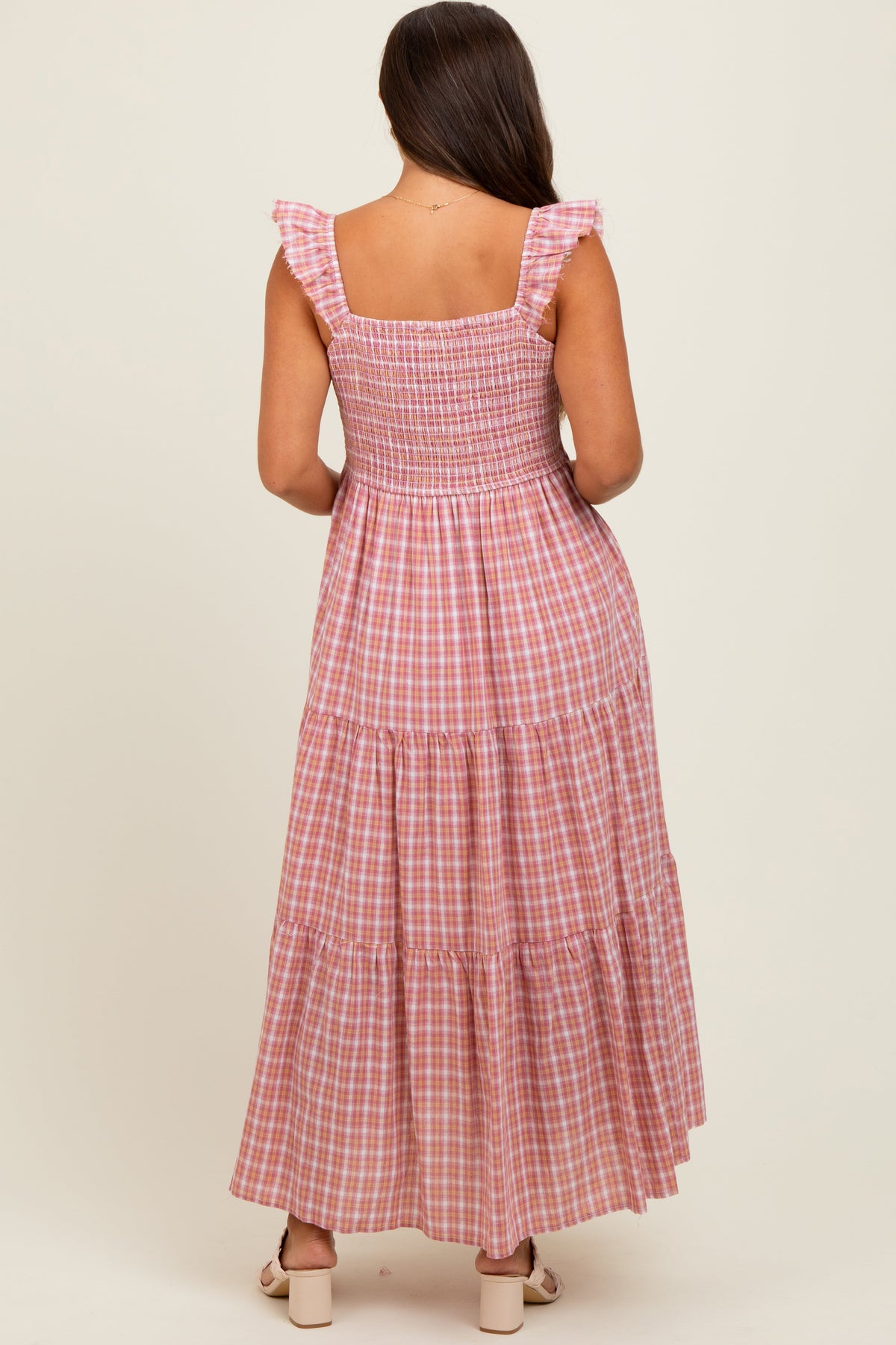 Mauve Cotton Plaid Maternity Maxi Dress