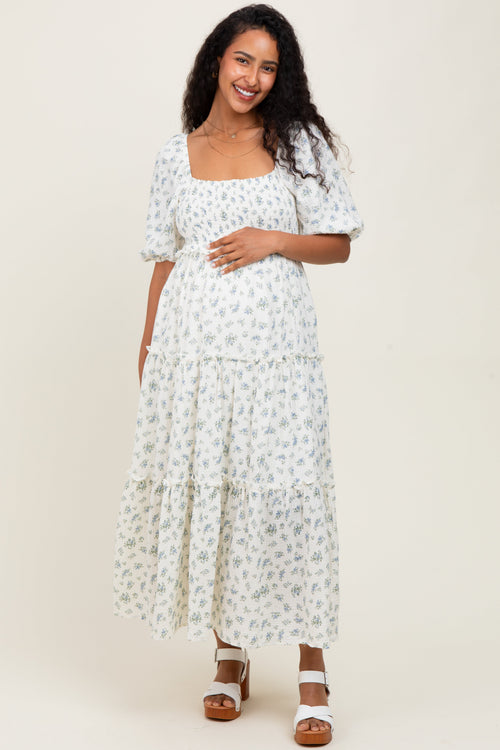 Blue Floral Smocked Ruffle Tiered Maternity Maxi Dress