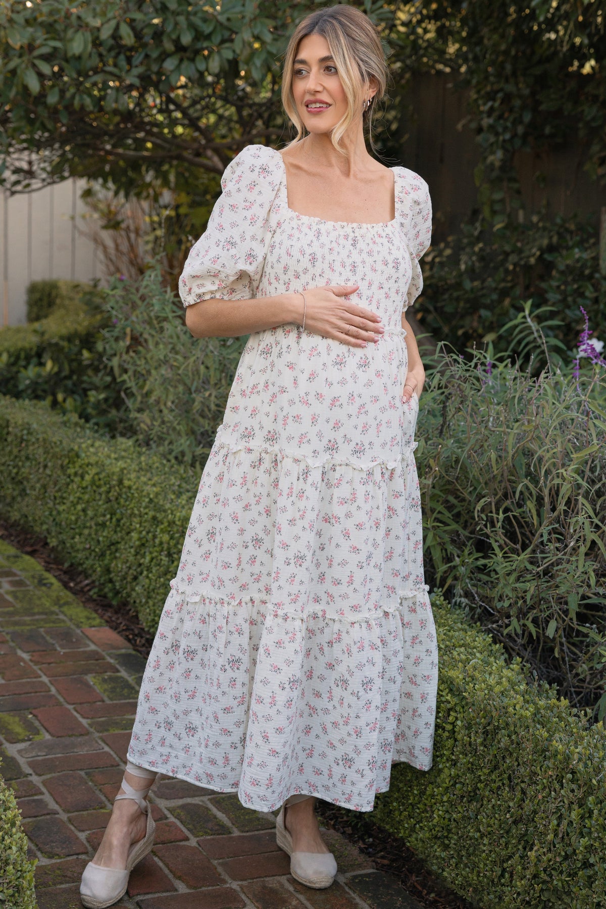 Pink Floral Smocked Ruffle Tiered Maternity Maxi Dress