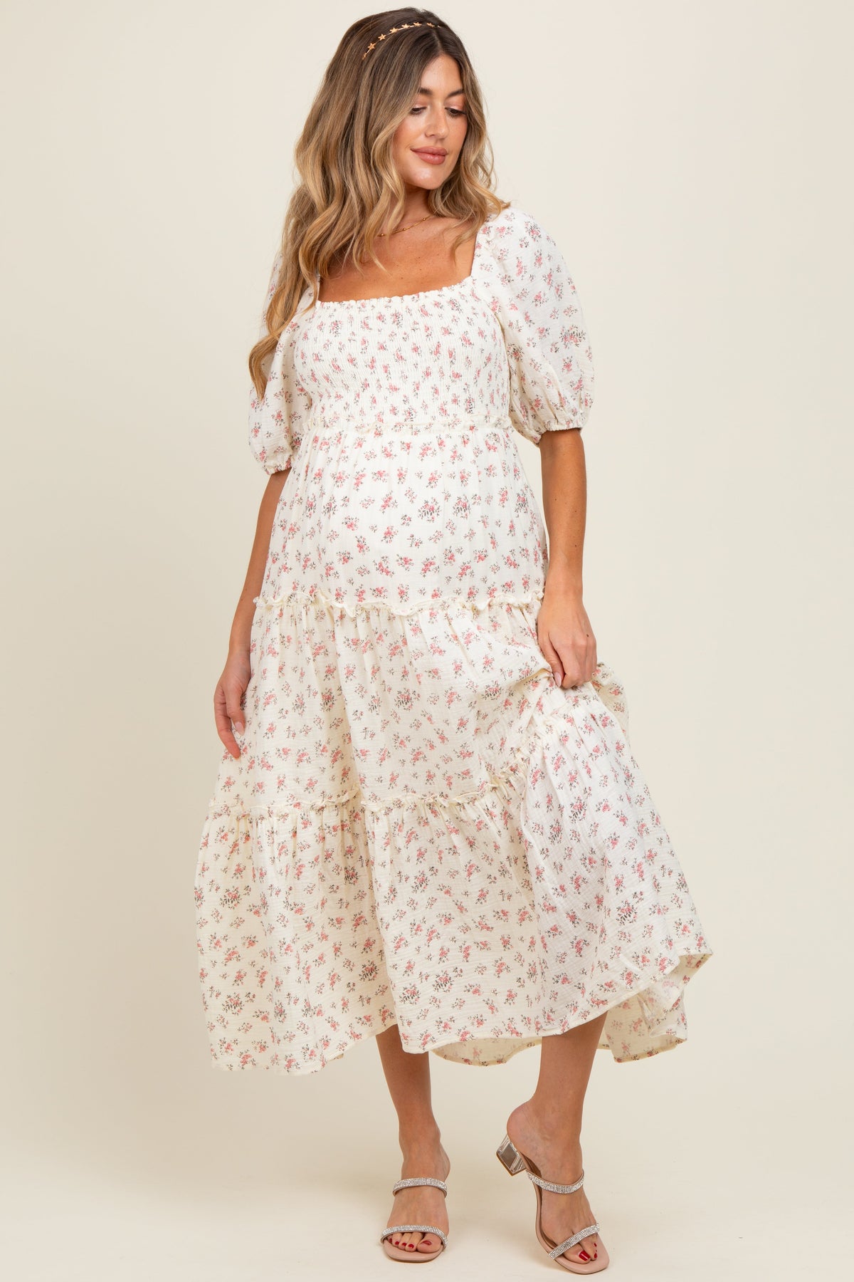 Pink Floral Smocked Ruffle Tiered Maternity Maxi Dress