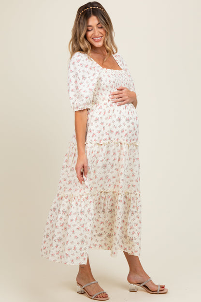 Pink Floral Smocked Ruffle Tiered Maternity Maxi Dress