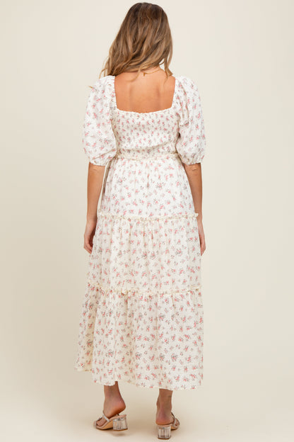 Pink Floral Smocked Ruffle Tiered Maternity Maxi Dress