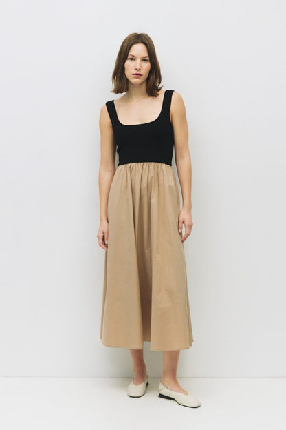 Beige Black Contrast Knit Poplin Sleeveless Maternity Midi Dress