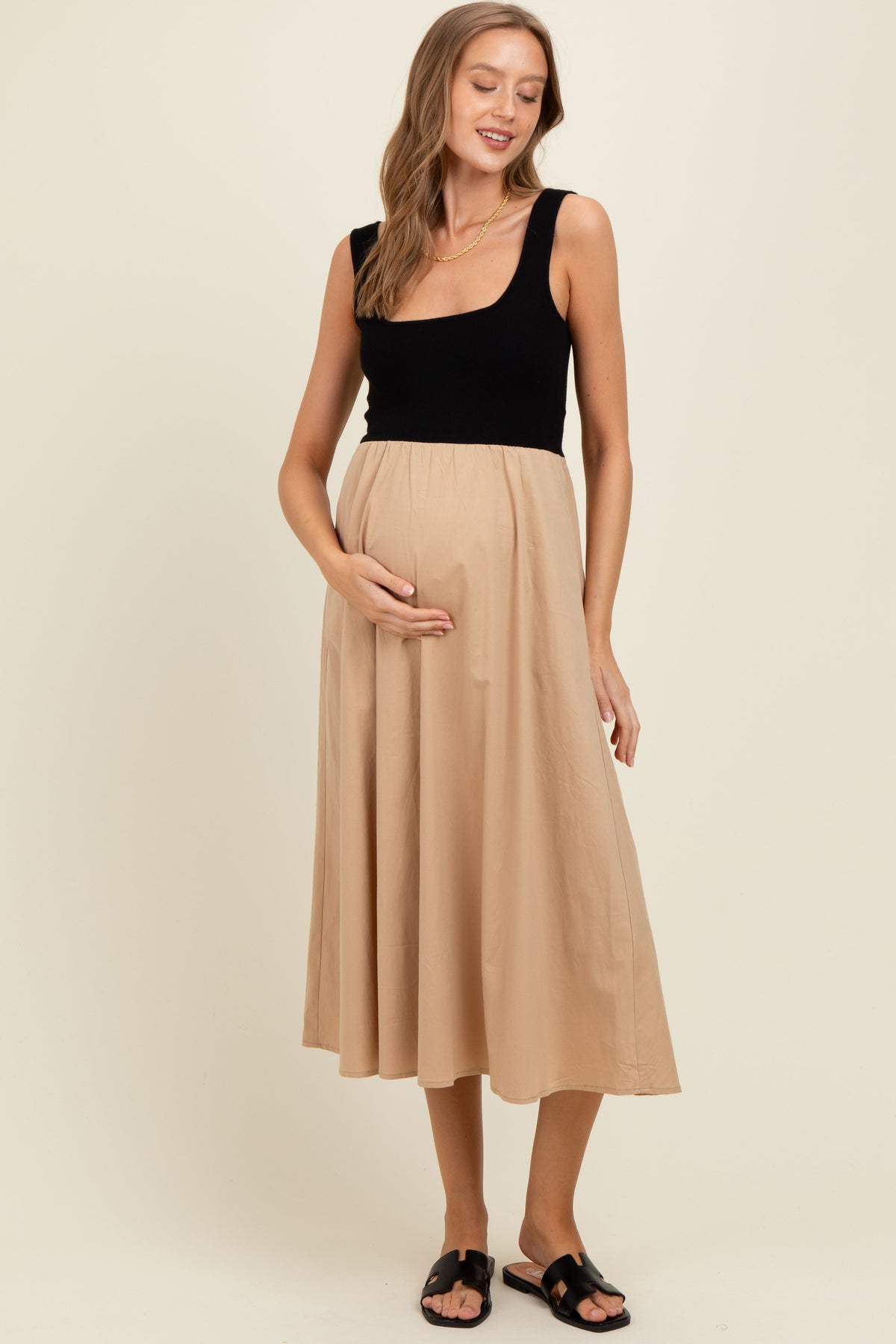 Beige Black Contrast Knit Poplin Sleeveless Maternity Midi Dress