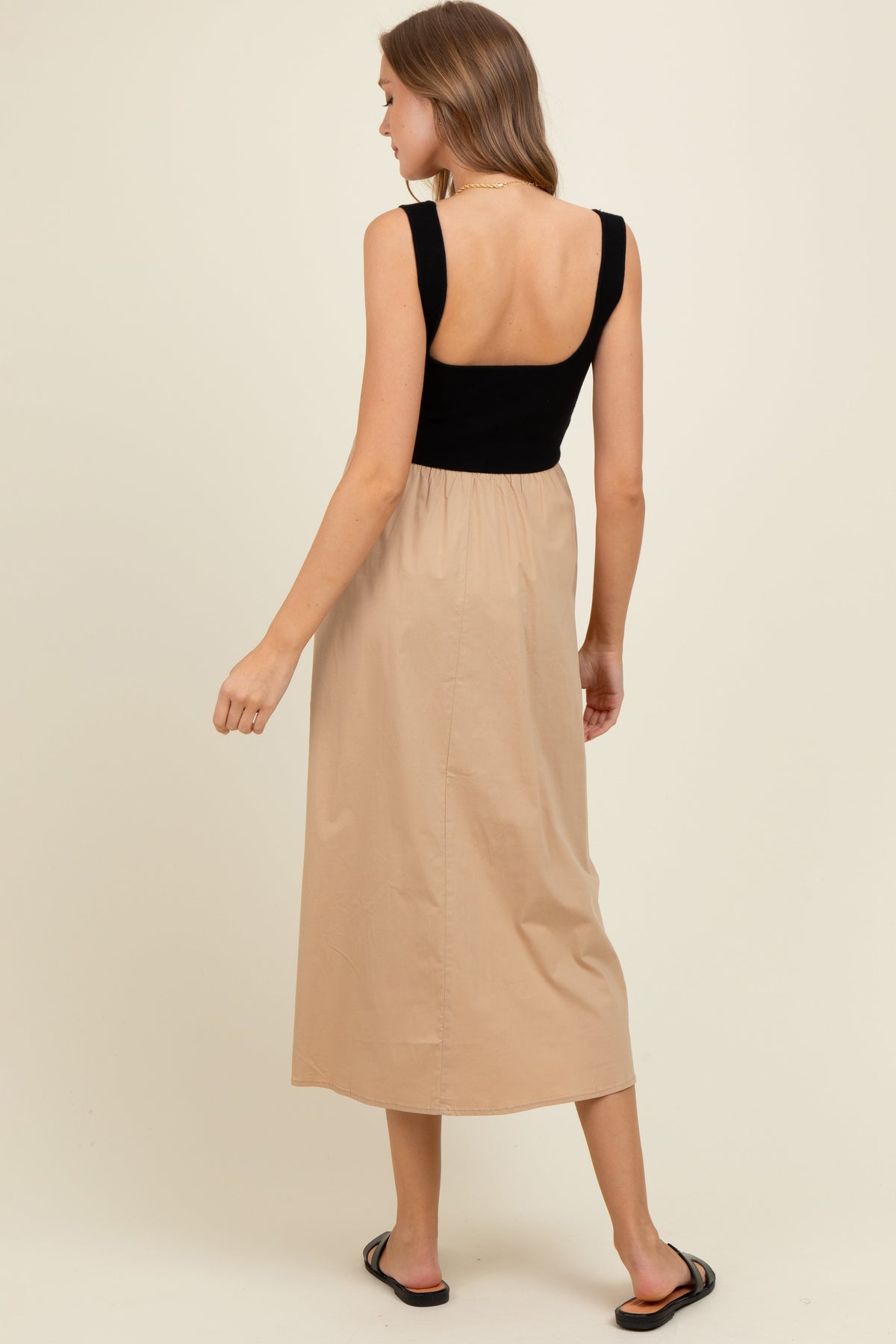 Beige Black Contrast Knit Poplin Sleeveless Maternity Midi Dress