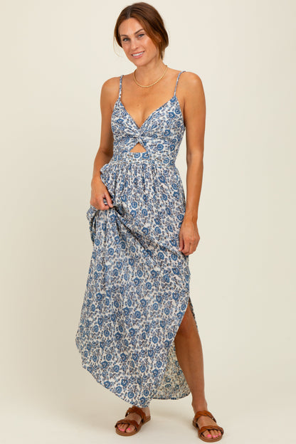 Blue Floral V-Neck Twist Front Keyhole Maternity Maxi Dress