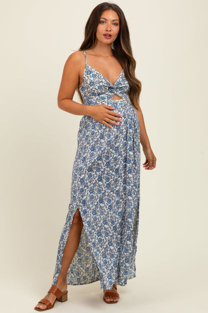 Blue Floral V-Neck Twist Front Keyhole Maternity Maxi Dress