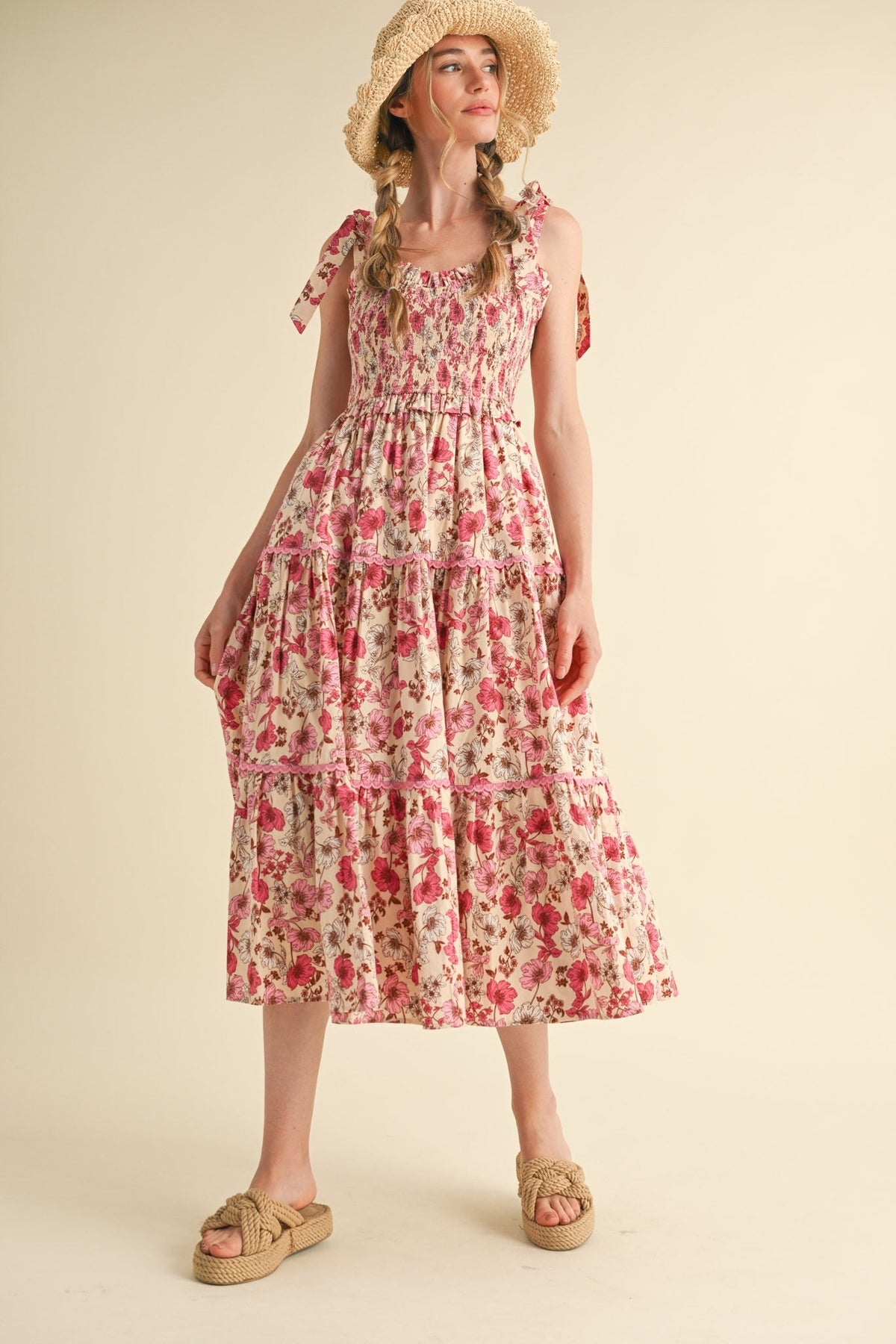 Pink Floral Smocked Ruffled Lace Trim Maternity Midi Dress