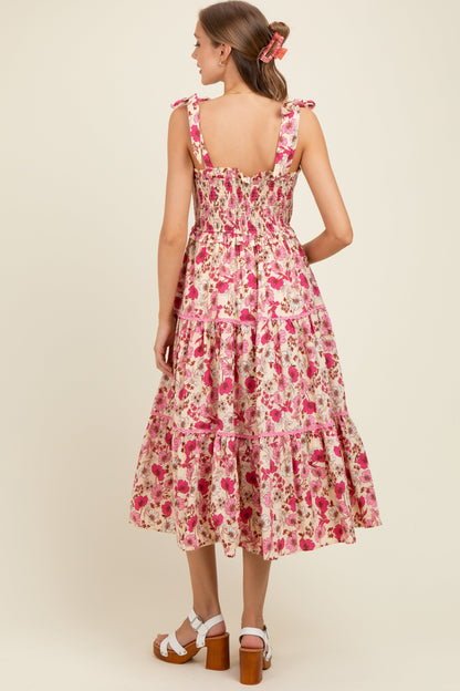 Pink Floral Smocked Ruffled Lace Trim Maternity Midi Dress