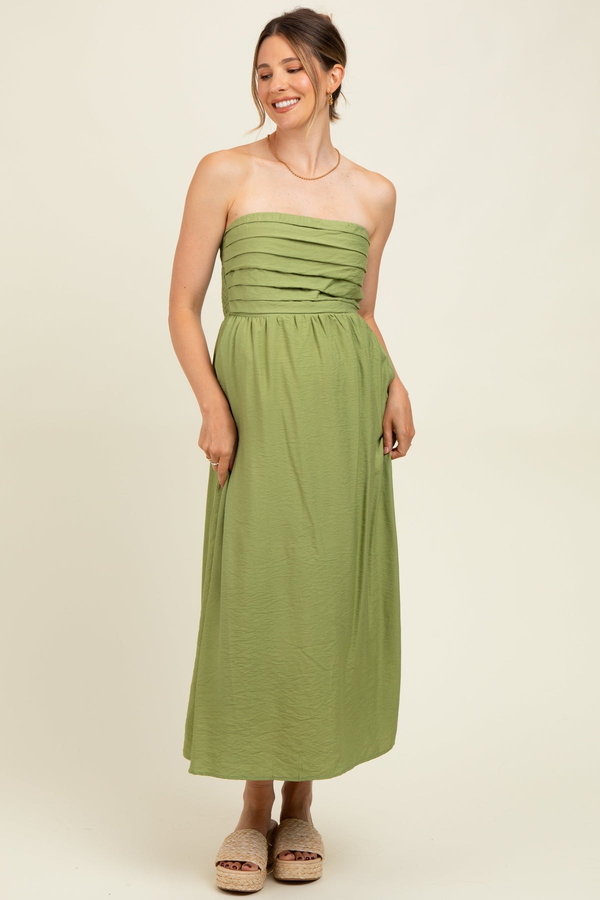 Light Olive Pleated Bodice Strapless Maternity Midi Dress