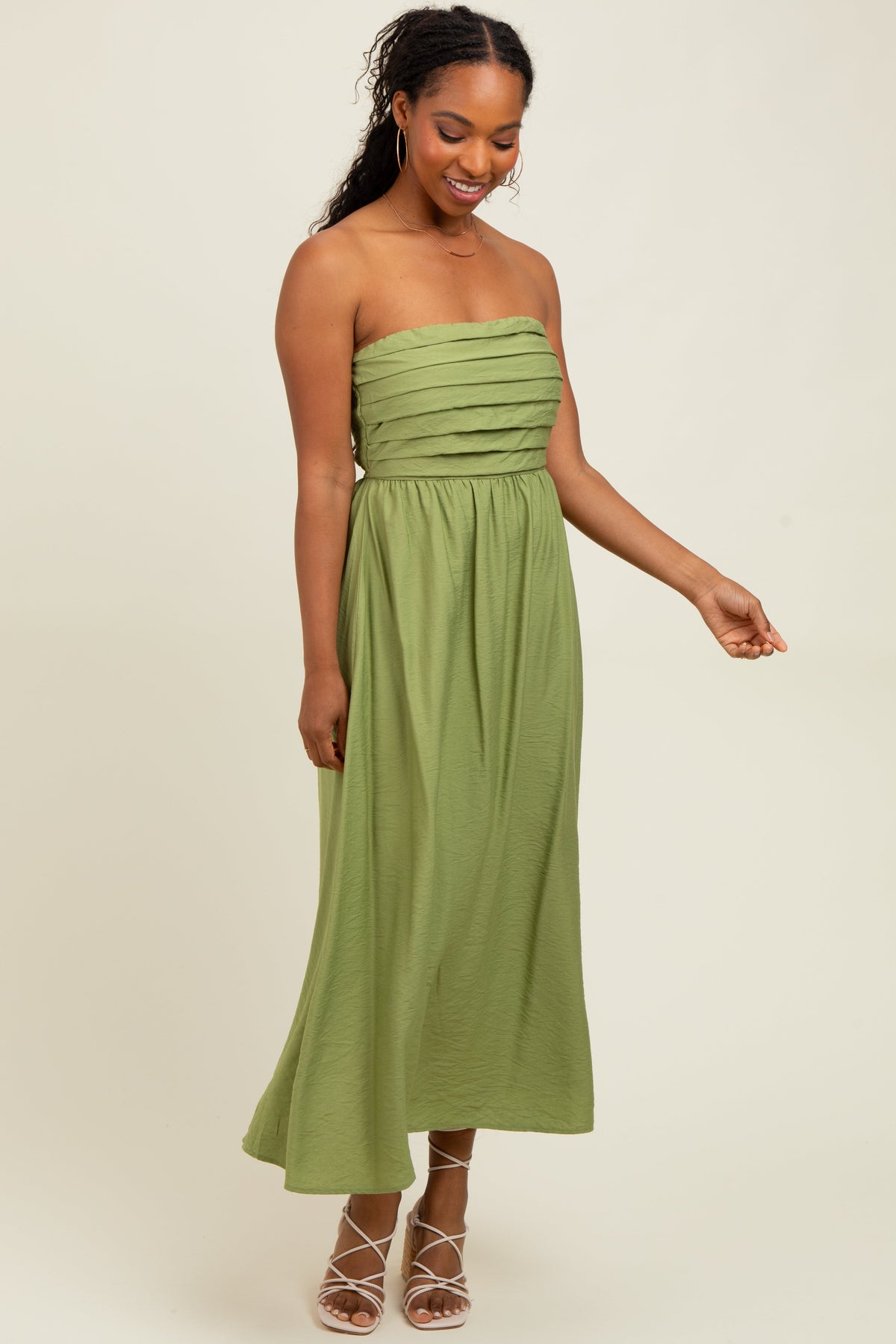 Light Olive Pleated Bodice Strapless Maternity Midi Dress