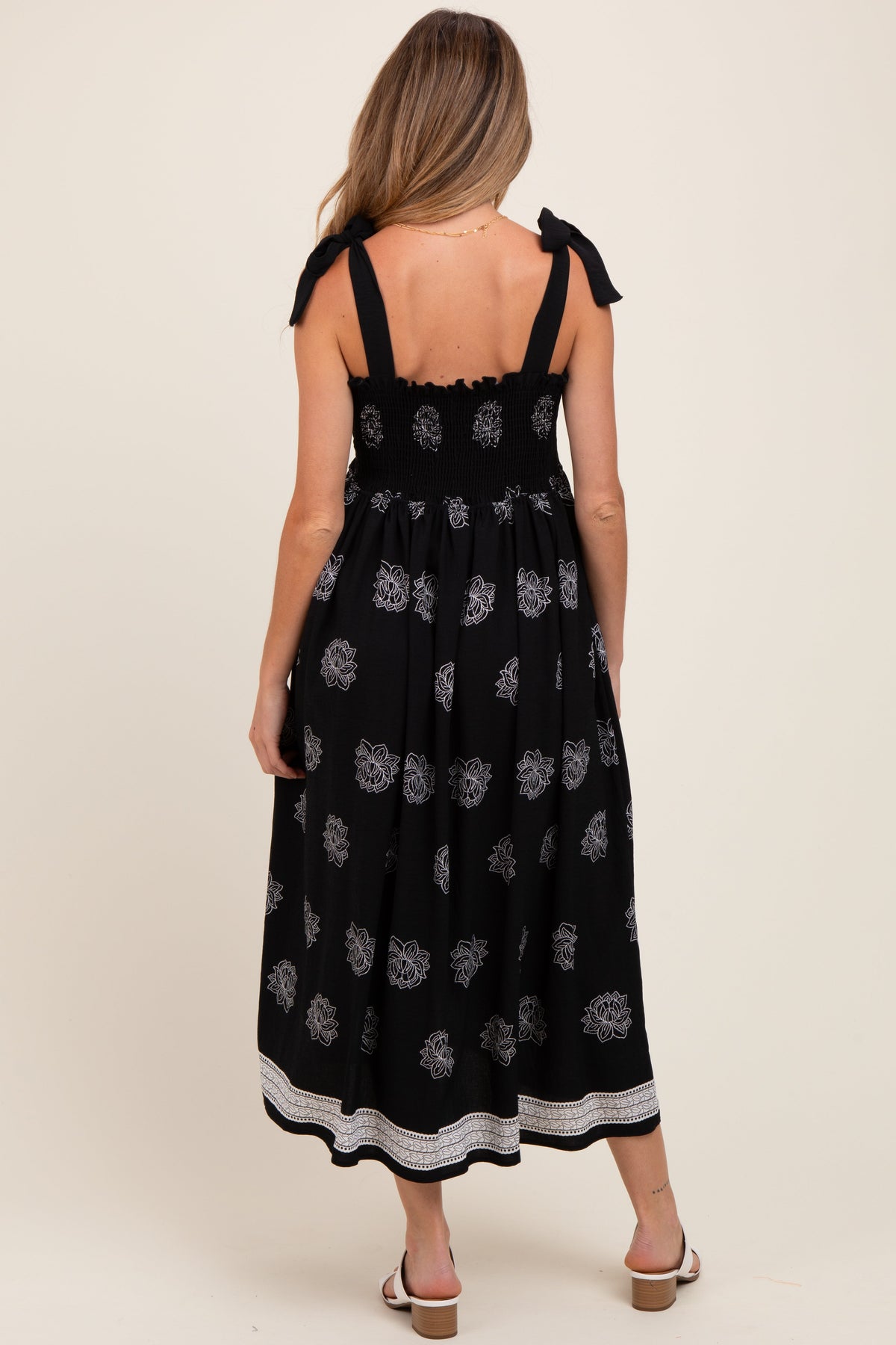 Black/Cream Vintage Floral Border Printed Smocked Top Sleeveless Maternity Maxi Dress