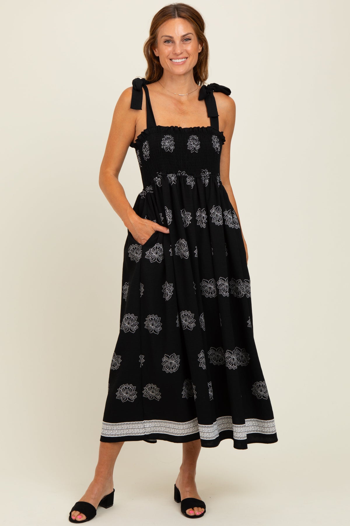 Black/Cream Vintage Floral Border Printed Smocked Top Sleeveless Maternity Maxi Dress