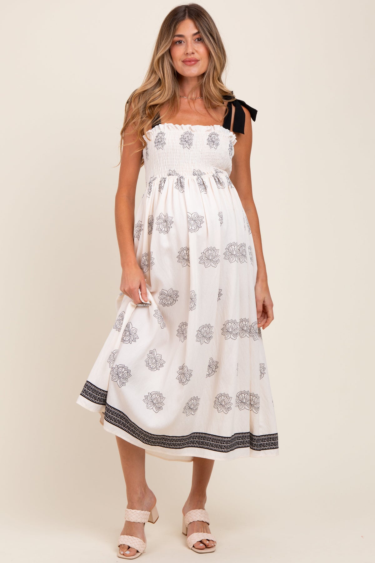 Cream/Black Vintage Floral Border Printed Smocked Top Sleeveless Maternity Maxi Dress