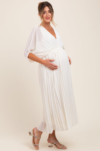 Cream Pleated V Neck Maternity Maxi Dress