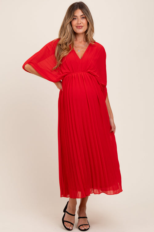 Red Pleated V Neck Maternity Maxi Dress