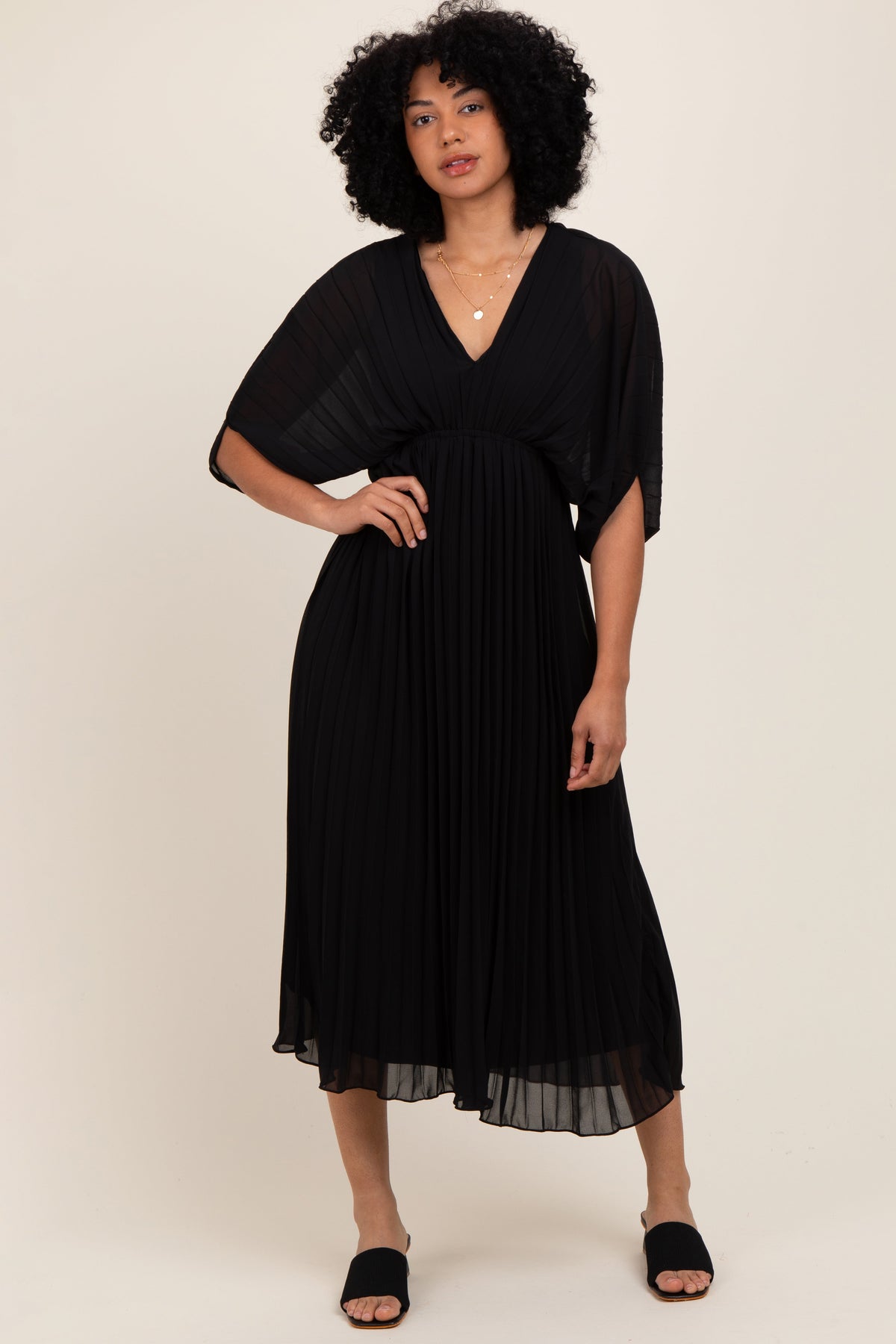 Black Pleated V Neck Maternity Maxi Dress