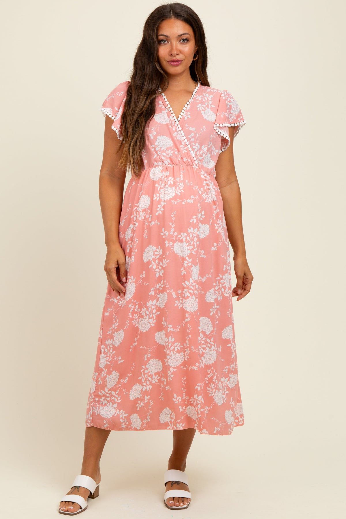 Peach Floral Crochet Trim Maternity Midi Dress