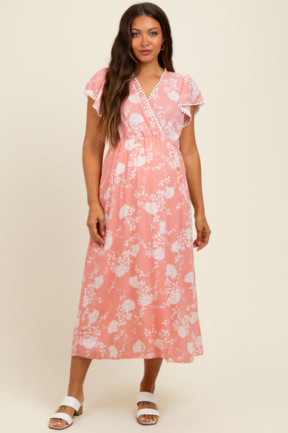 Peach Floral Crochet Trim Maternity Midi Dress