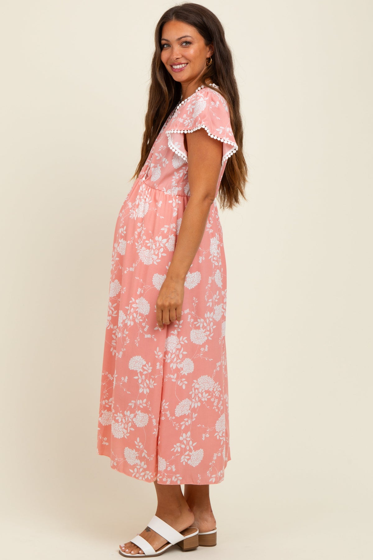 Peach Floral Crochet Trim Maternity Midi Dress