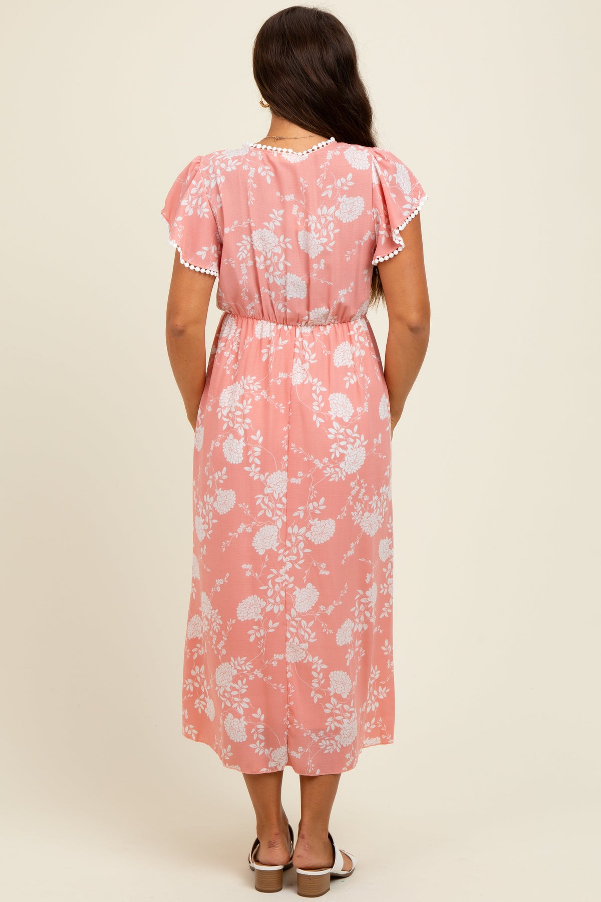 Peach Floral Crochet Trim Maternity Midi Dress