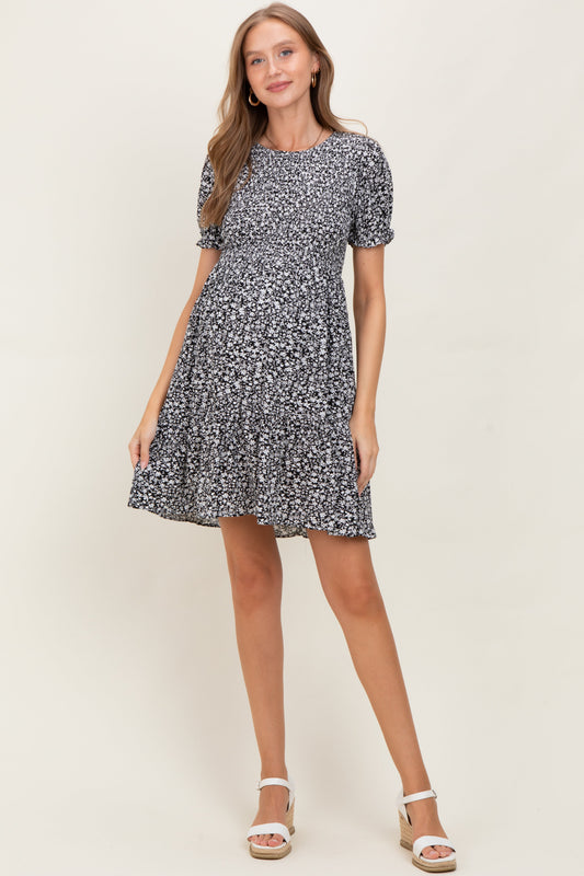 Black Floral Puff Sleeve Smocked Maternity Dress