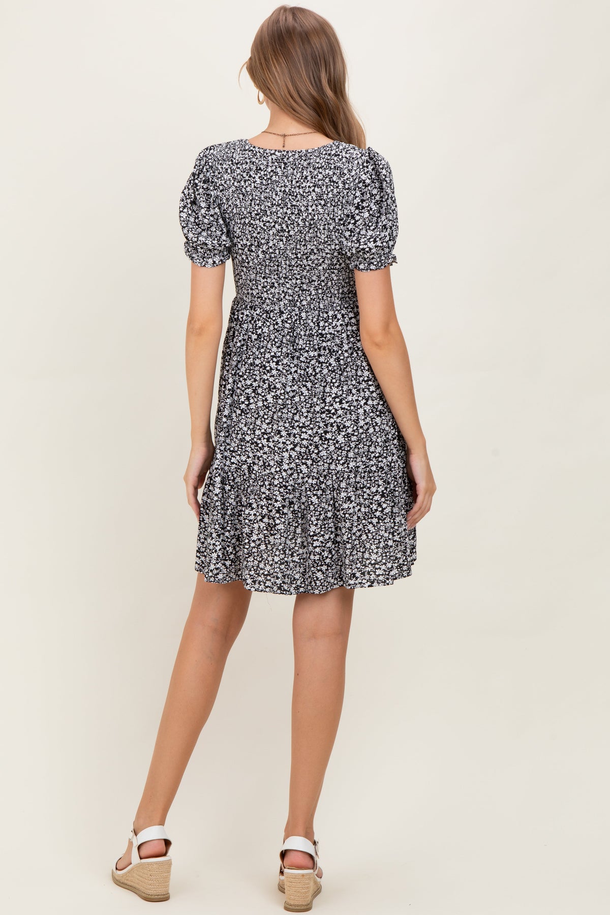 Black Floral Puff Sleeve Smocked Maternity Dress