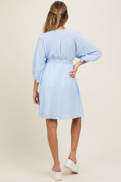 Blue Striped Balloon Sleeve V-Neck Maternity Dress