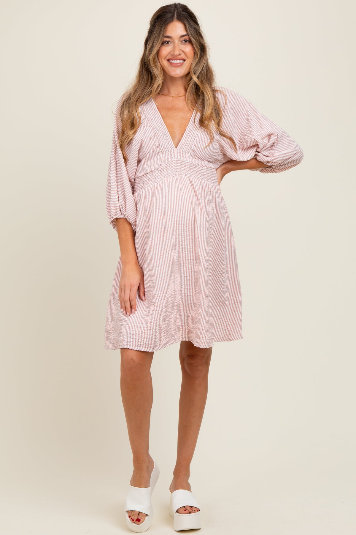 Mauve Striped Balloon Sleeve V-Neck Maternity Dress