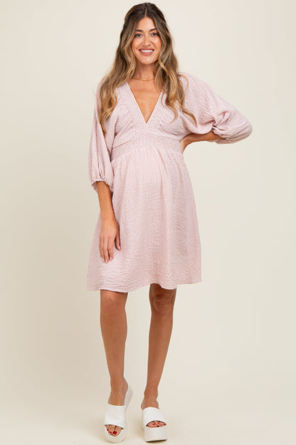 Mauve Striped Balloon Sleeve V-Neck Maternity Dress
