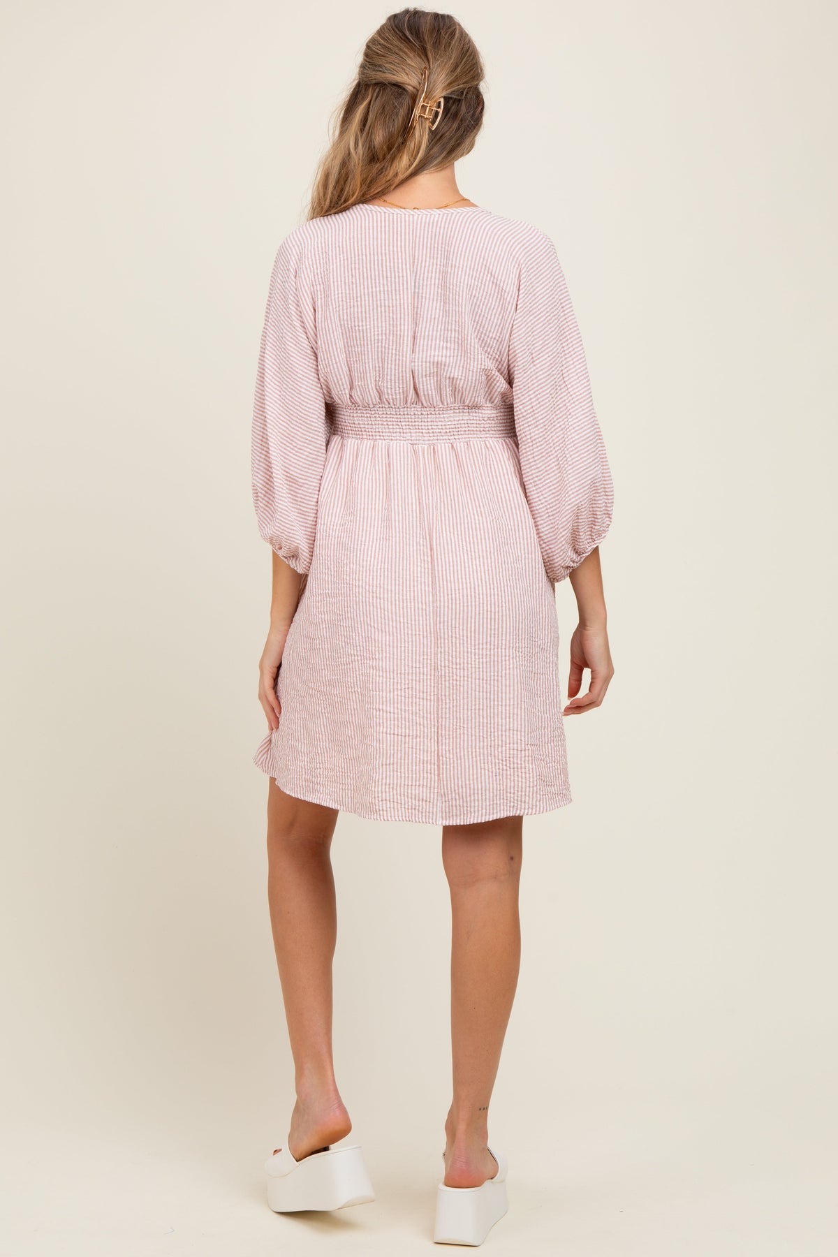 Mauve Striped Balloon Sleeve V-Neck Maternity Dress