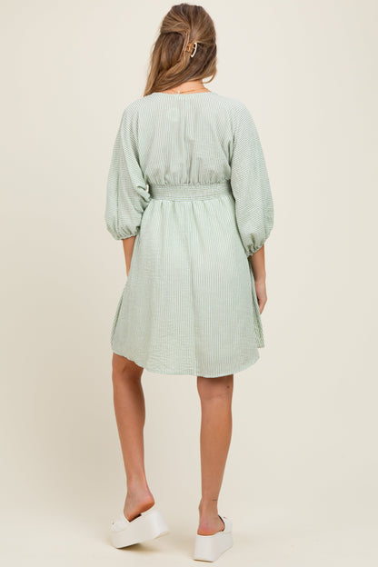 Sage Striped Balloon Sleeve V-Neck Maternity Dress