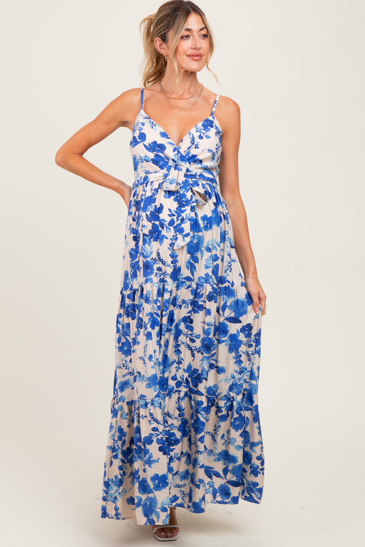 Blue Floral Tiered Sleeveless Sash Tie Maternity Maxi Dress