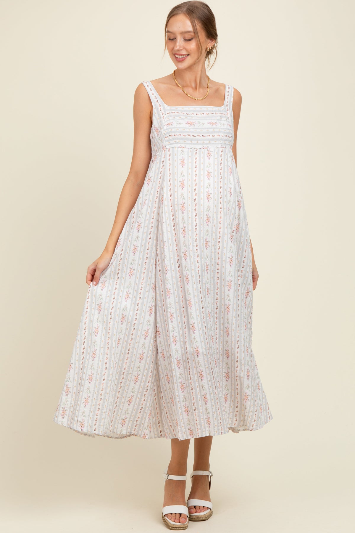 Light Gray Cotton Floral Square Neck Sleeveless Maternity Maxi Dress