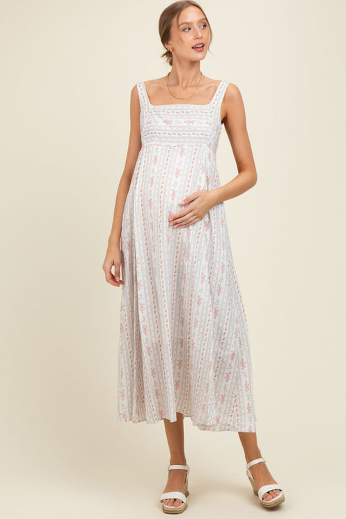 Light Gray Cotton Floral Square Neck Sleeveless Maternity Maxi Dress