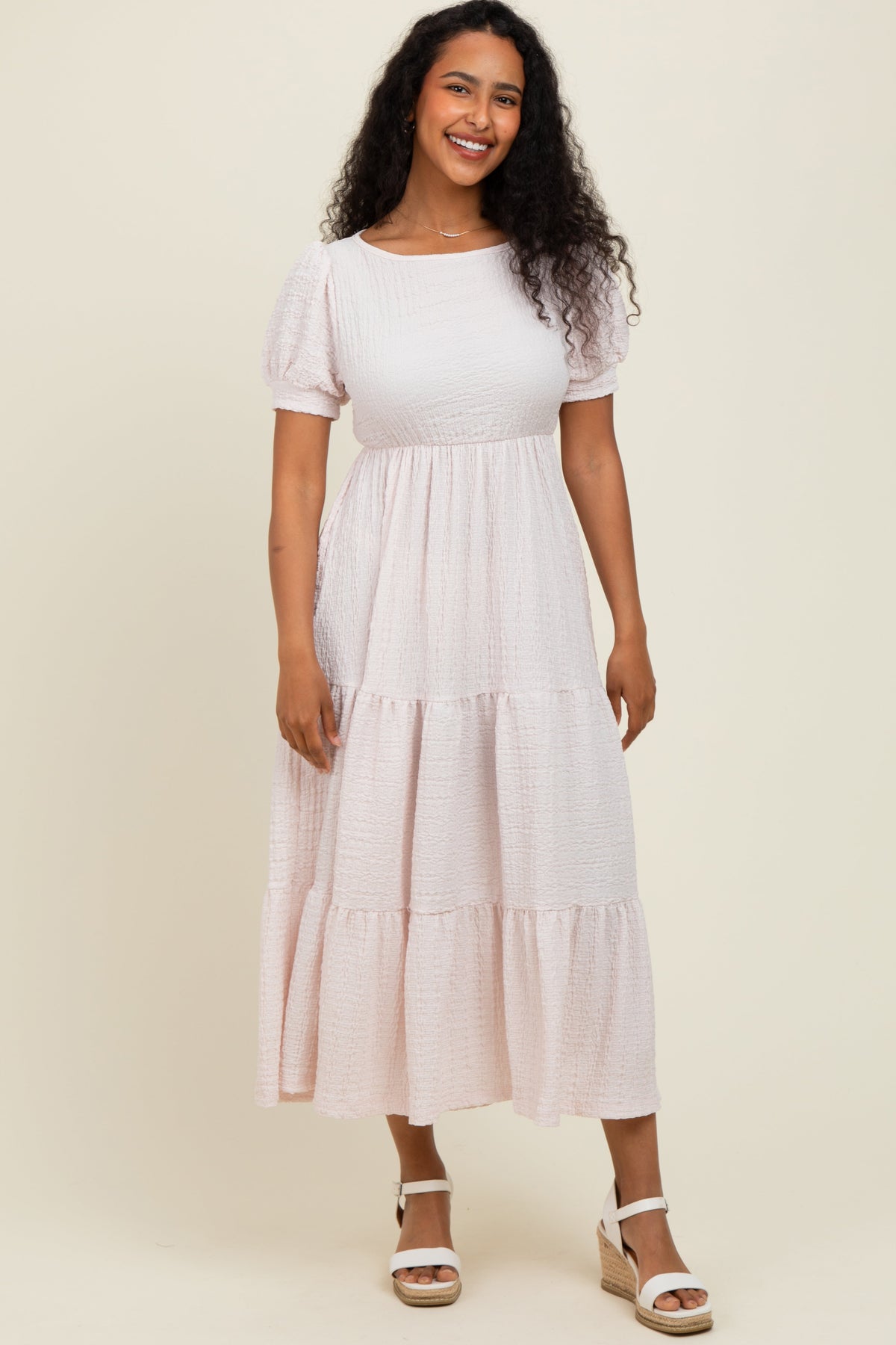 Light Pink Solid Textured Tiered Shirt Sleeve Maternity Maxi Dress