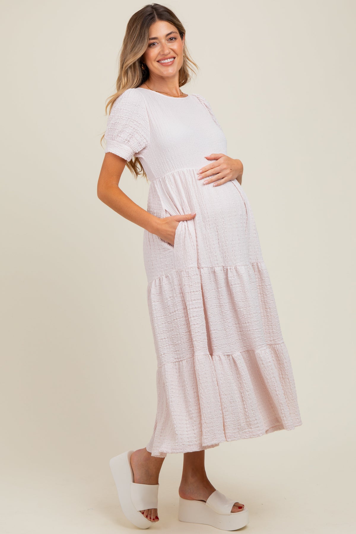 Light Pink Solid Textured Tiered Shirt Sleeve Maternity Maxi Dress
