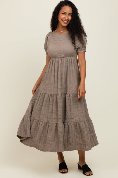 Taupe Solid Textured Tiered Shirt Sleeve Maternity Maxi Dress
