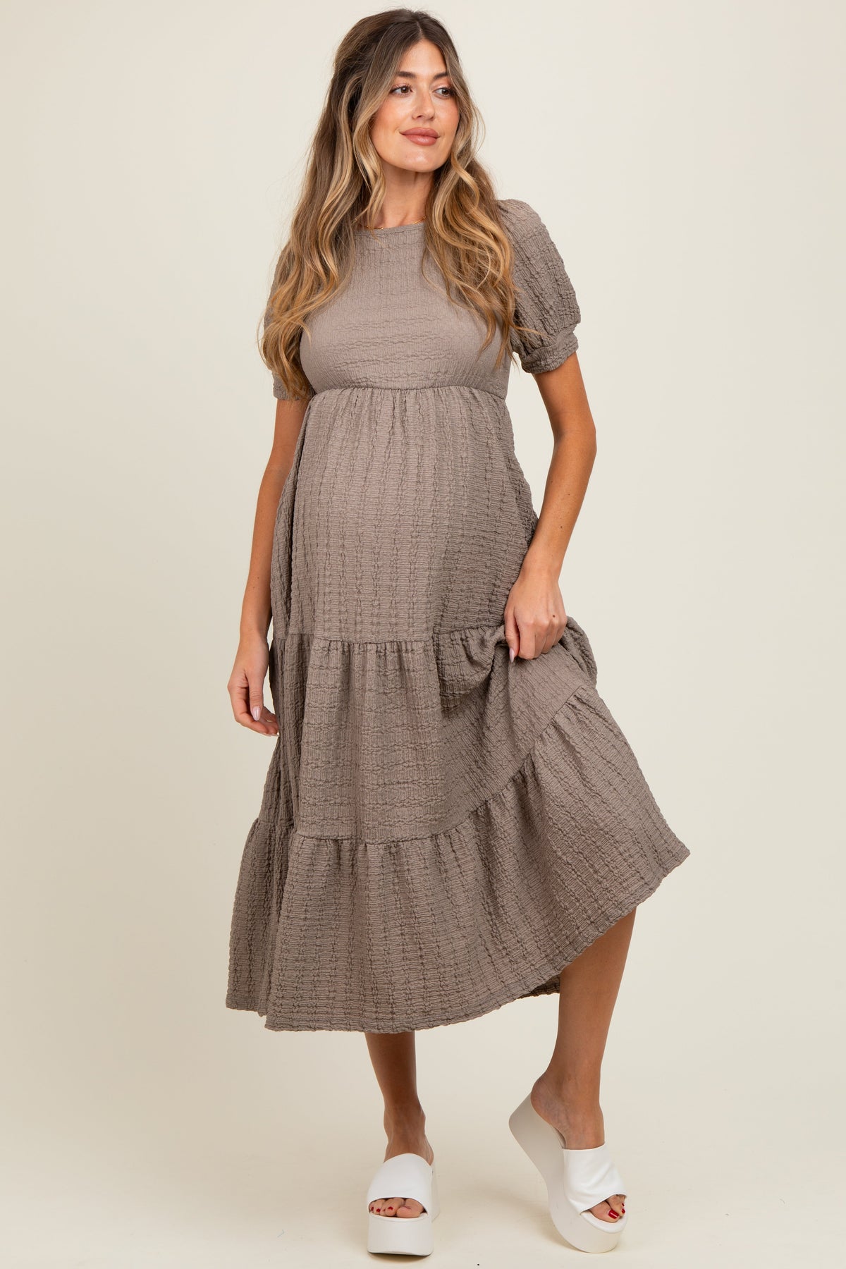 Taupe Solid Textured Tiered Shirt Sleeve Maternity Maxi Dress