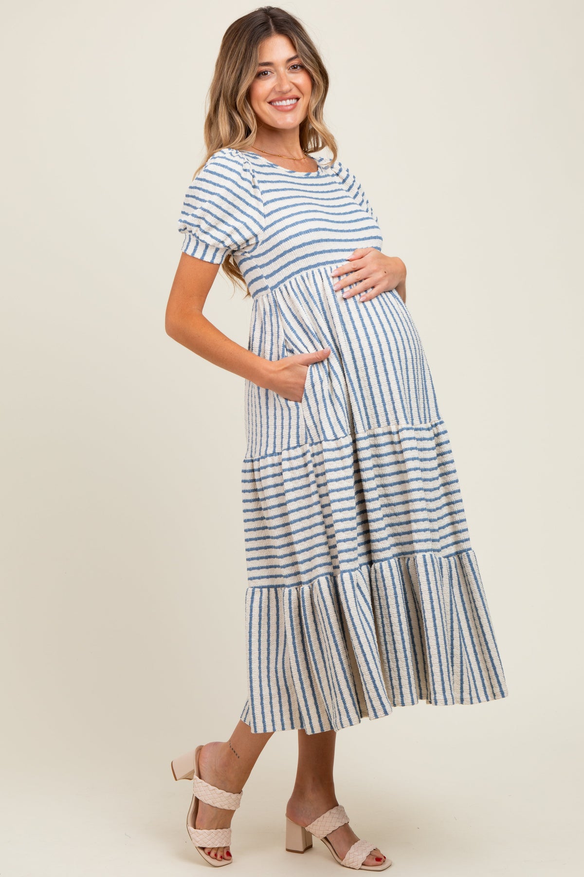 Cream/Blue Striped Short Sleeve Tiered Maternity Maxi Dress