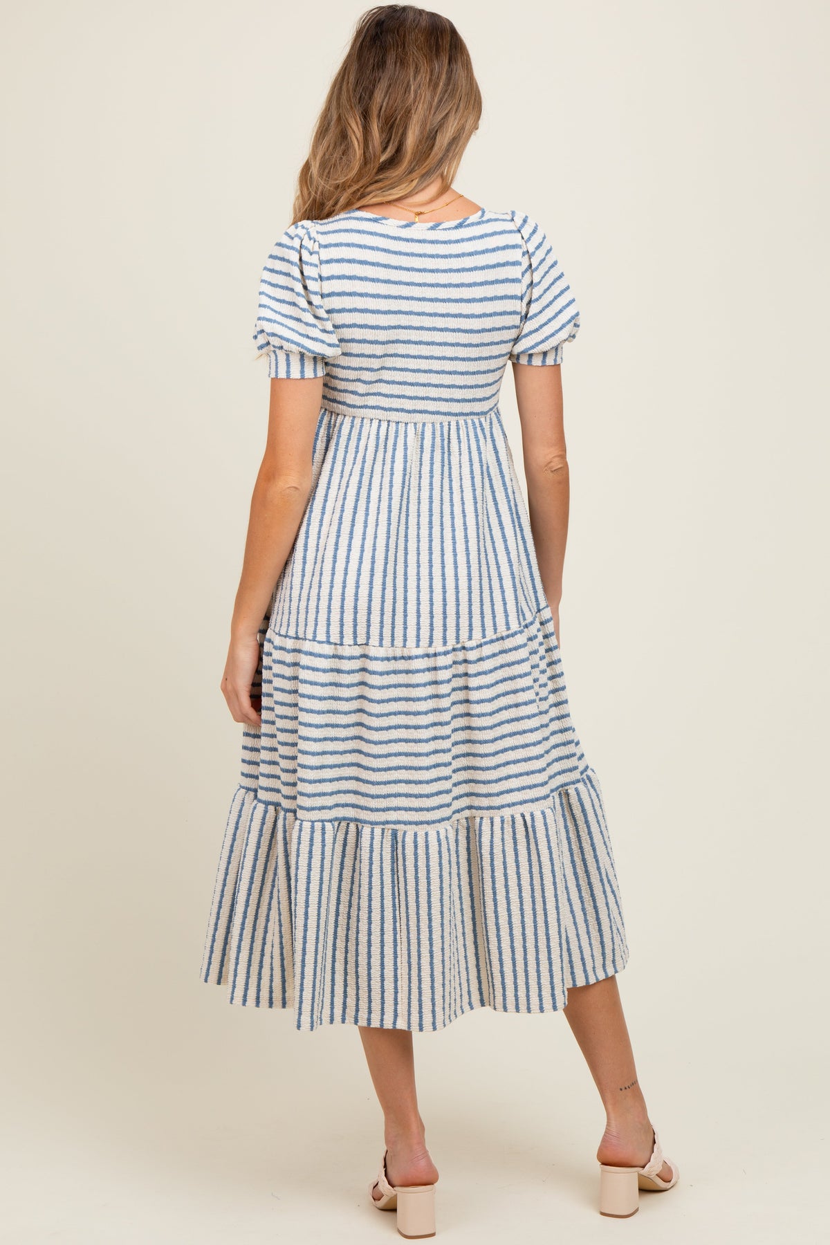 Cream/Blue Striped Short Sleeve Tiered Maternity Maxi Dress