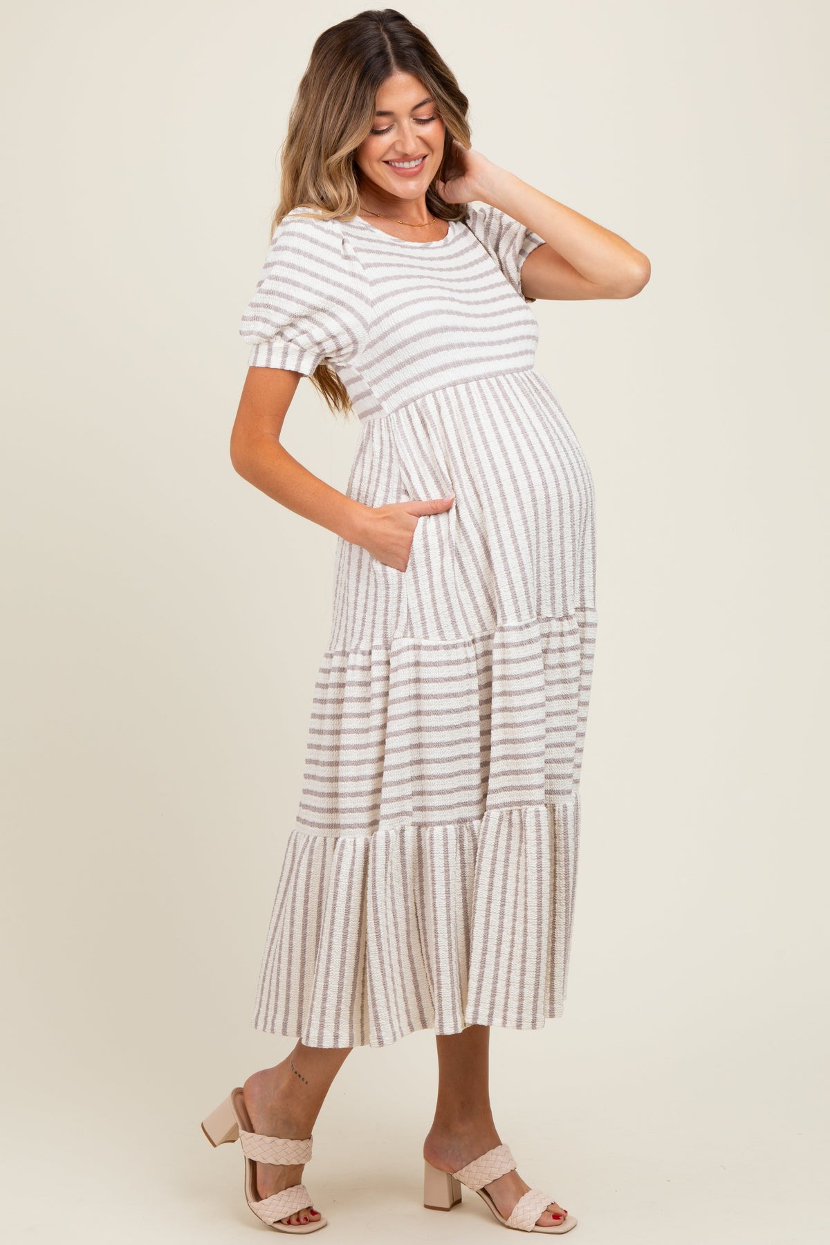 Cream/Taupe Striped Short Sleeve Tiered Maternity Maxi Dress